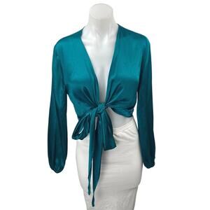 Odette Women's Green Silky Satin Tie Front Long Sleeve Crop Blouse Shirt Top S